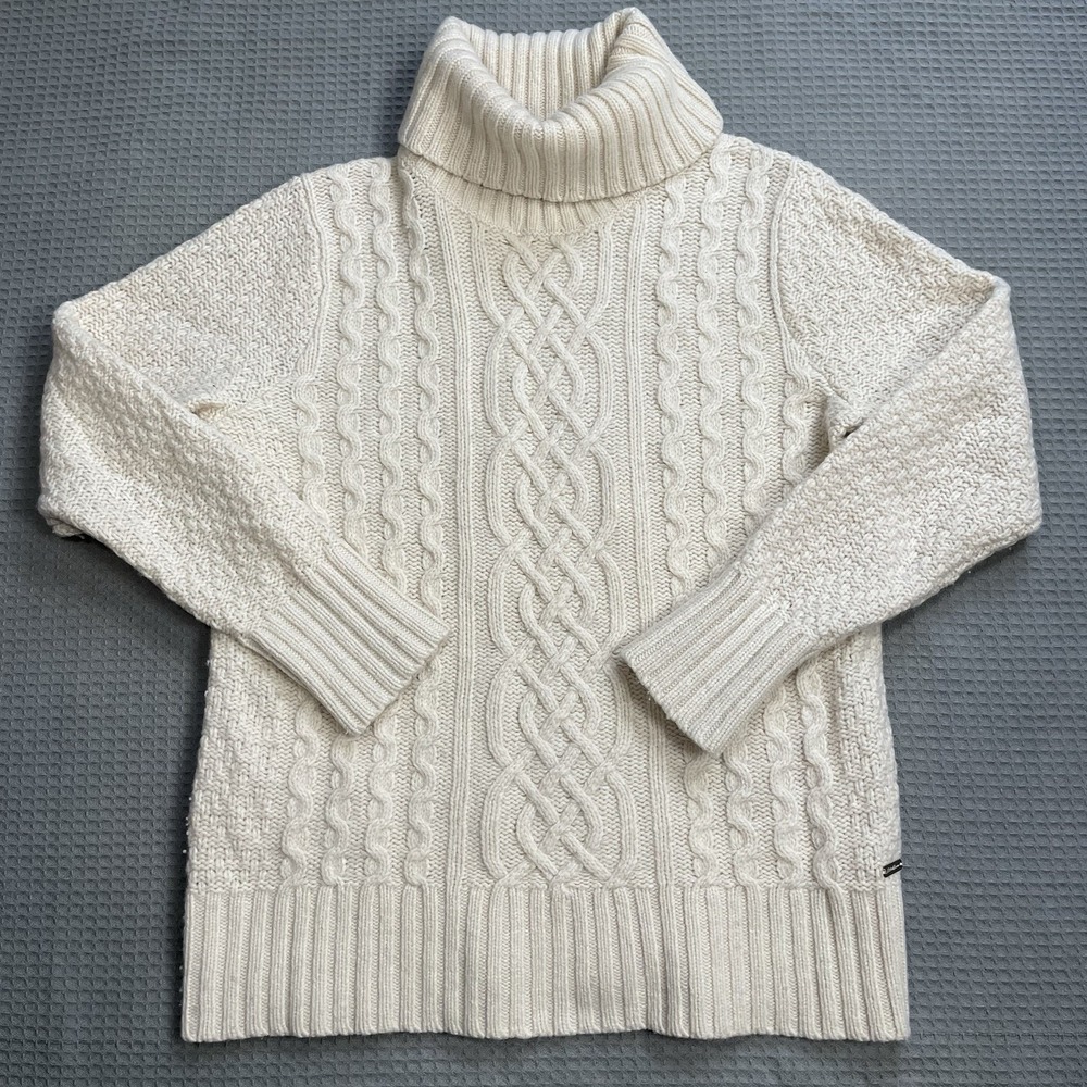 Eddie Bauer Lambs Wool Blend Sweater Large Womens Cream Fisherman Turtleneck